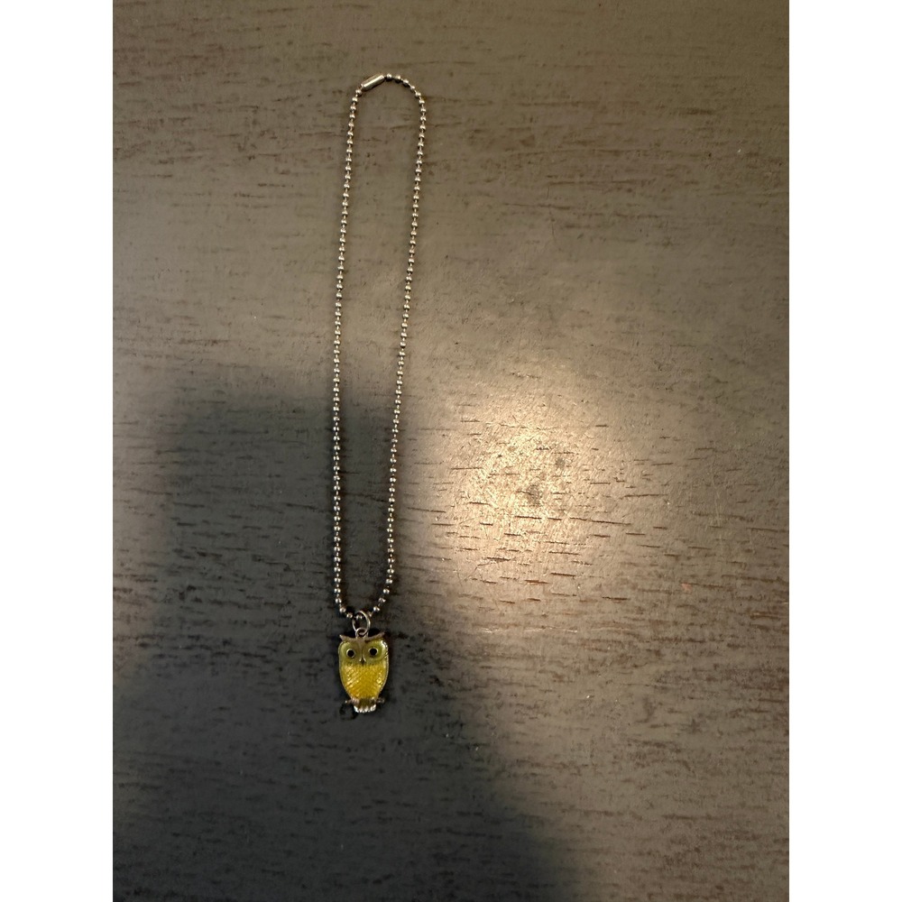 Vintage Yellow Enamel Owl Pendant Necklace Silver Tone Ball Chain 16 Inch